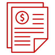 A red line drawing of two papers with dollar signs on them.